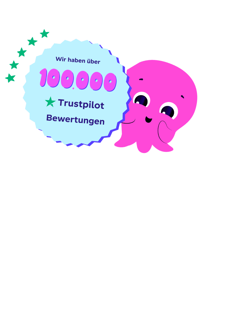 Ein rosa Comic-Oktopus steht neben einem Abzeichen mit Sternen und feiert damit über 100.000 Trustpilot-Bewertungen auf Deutsch.