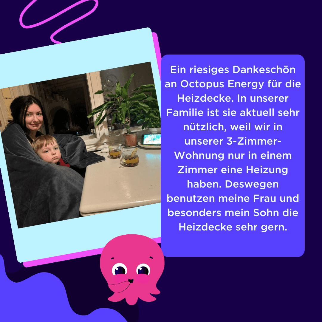 Bild und Zitat eines unserer Kunden zu unserer Heizdecken-Aktion.