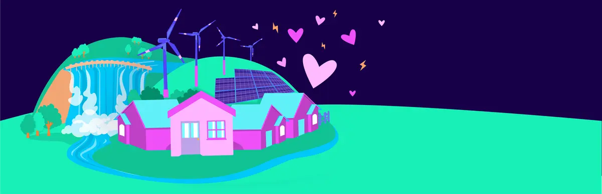Illustration eines lebendigen, umweltfreundlichen Stadtviertels mit Windrädern, Solarmodulen und einem Wasserfall, umgeben von rosa Herzen.