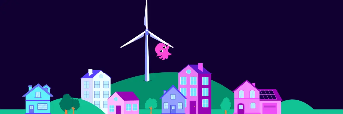 Ein rosa Oktopus hängt an einer Windkraftanlage, umgeben von bunten Häusern und Bäumen auf einem grünen Hügel, vor dem Hintergrund eines dunklen Himmels.
