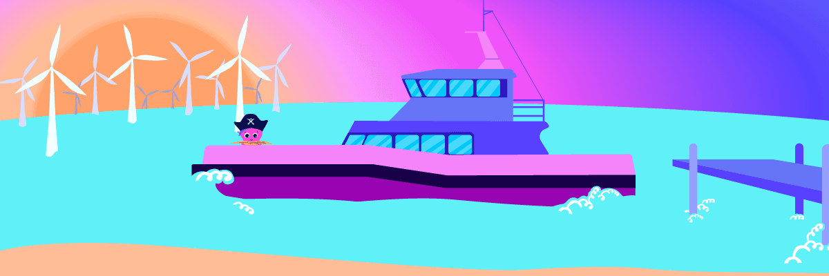 Ein Cartoon-Boot mit einer Piratenfigur am Bug, das auf türkisfarbenem Wasser schwimmt, im Hintergrund sind Windräder und ein farbenfroher Sonnenuntergang zu sehen.