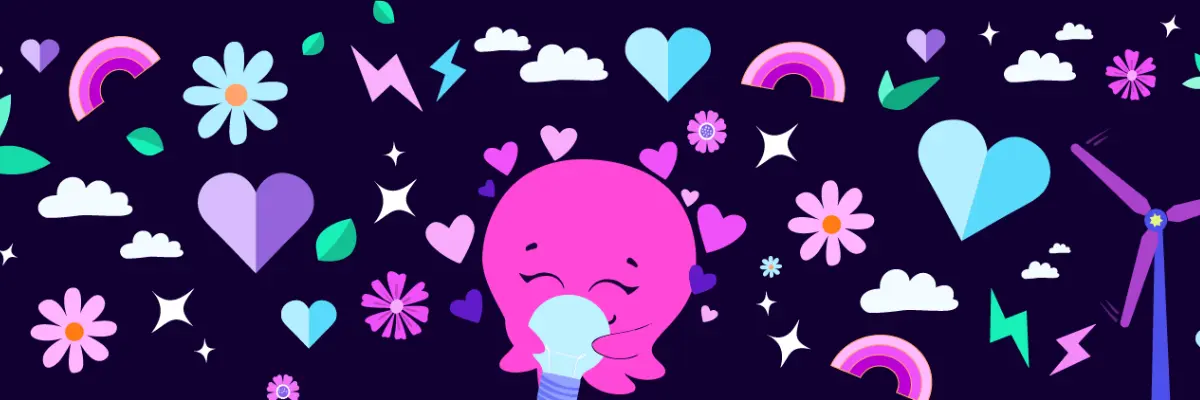 Ein niedlicher rosa Oktopus, umgeben von Wolken, Herzen, Blumen und Regenbögen vor einem dunklen Hintergrund, der eine fröhliche und verspielte Atmosphäre vermittelt.