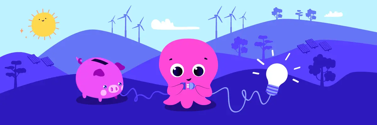 Ein rosa Oktopus steckt einen Stecker ein und bringt eine Glühbirne zum Leuchten. Daneben steht ein Sparschwein, im Hintergrund sind Solarzellen und Windräder zu sehen.