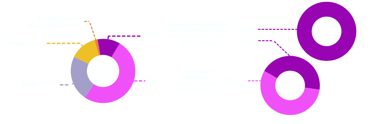 Strom Kennzeichnung 2024: Der Deutsche Strommix bestand 2024 aus 11,4 % erneuerbaren Energien mit Herkunftsnachweis, welche nicht gefördert aus der EEG-Umlage wurden, und 50,9 % Erneuerbaren Energien mit Herkunftsnachweis, welche aus der EEG-Umlage gefördert wurden. Zudem bestand er aus 22,8 % aus Kohle, 13,4 % aus Erdgas und 1,5 % aus sonstigen fossilen Energieträgern.  Der Gesamtenergieträgermix bestand zu 100 % aus erneuerbaren Energien mit Herkunftsnachweis, welche nicht gefördert aus der EEG-Umlage wurden. Der Unternehmensverkaufsmix bestand zu 49,1 % aus erneuerbaren Energien mit Herkunftsnachweis, welche nicht gefördert aus der EEG-Umlage wurden, und 50,9 % Erneuerbaren Energien mit Herkunftsnachweis, welche aus der EEG-Umlage gefördert wurden.