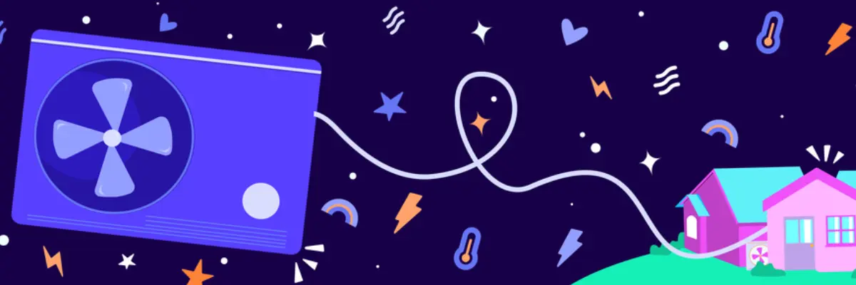 Illustration einer violetten Wärmepumpeneinheit, die an ein rosa Haus angeschlossen ist, mit verspielten Symbolen, Sternen und Herzen im Hintergrund
