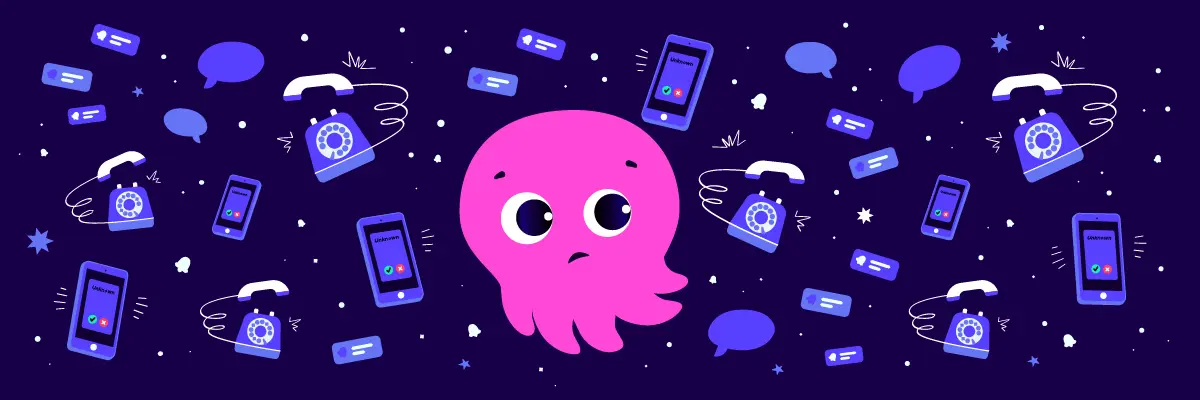 Octopus Constantine schaut skeptisch. Um ihn herum schwirren Telefone und Chat Nachrichten