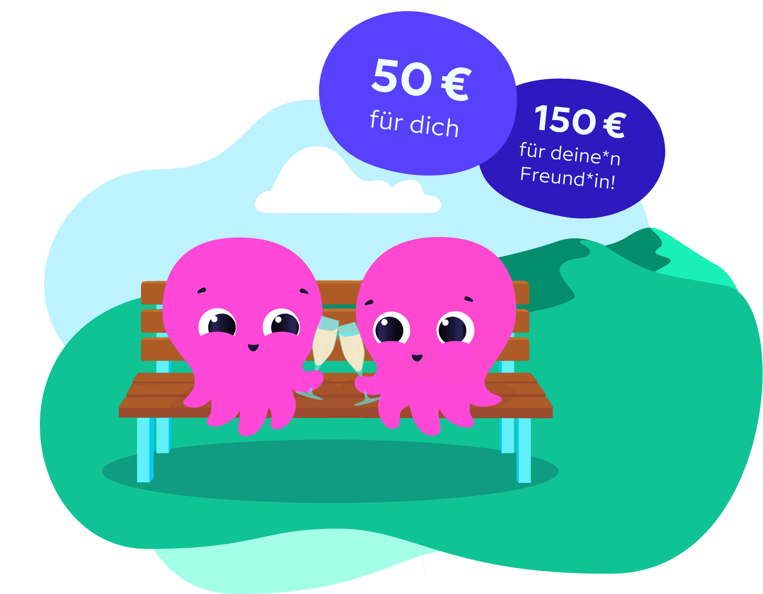 Zwei rosa Oktopoden stoßen auf einer Parkbank mit ihren Gläsern an, wobei in Sprechblasen Werbe-Eurobeträge zu sehen sind.