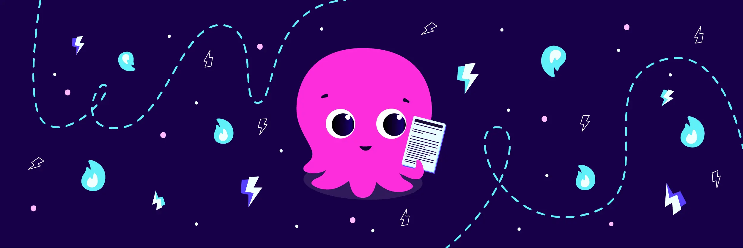 Ein niedlicher rosa Oktopus, der ein Dokument in der Hand hält, umgeben von blauen Flammen, Blitzen und gepunkteten Linien vor einem dunklen Hintergrund.