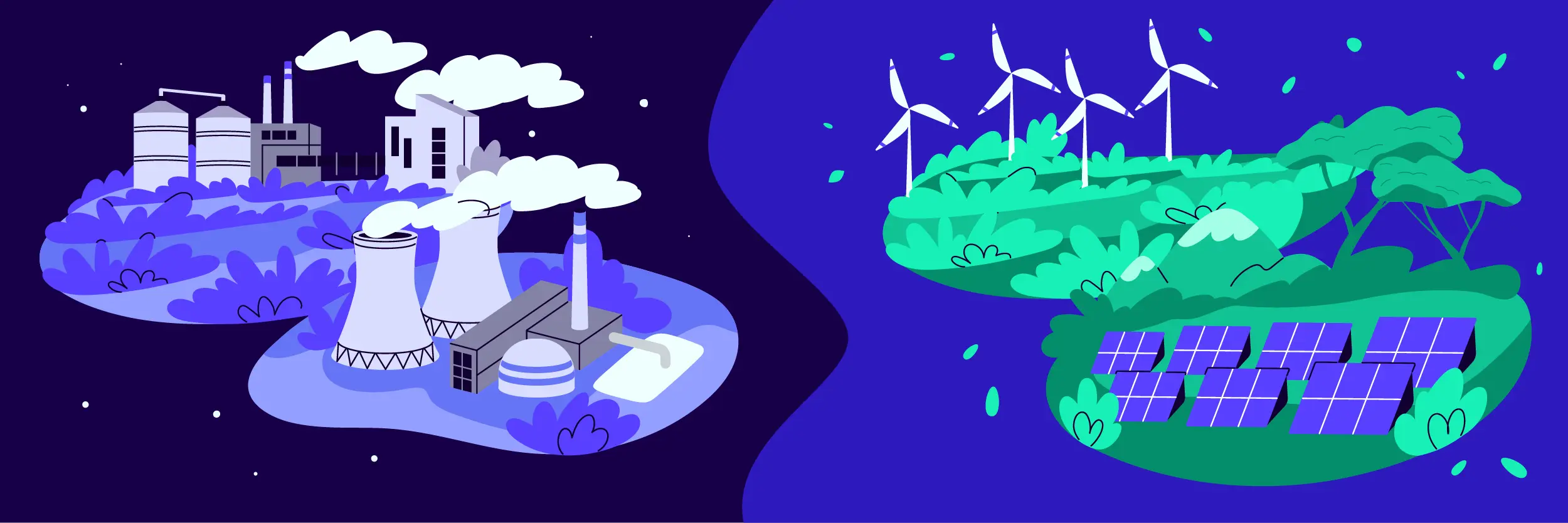 Illustration, die den Kontrast zwischen einem Kraftwerk mit fossilen Brennstoffen, aus dem Rauch aufsteigt, und einer Anlage für grüne Energie mit Windrädern und Solarmodulen zeigt.