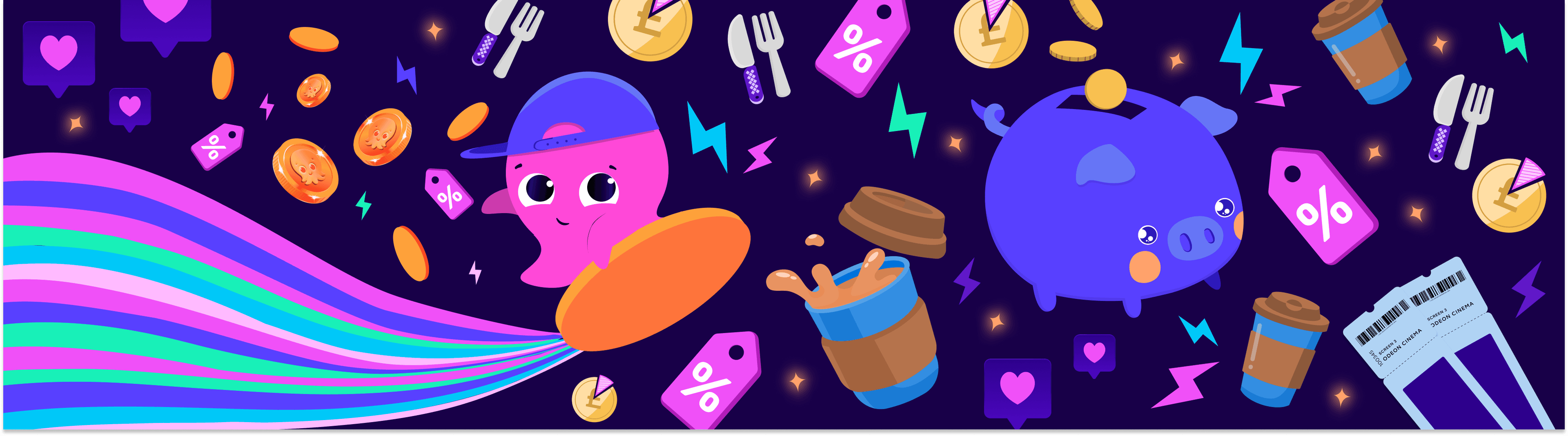 Colorful illustration with a pink octopus on a skateboard, a blue piggy bank, coffee cups, coins, and discount tags on a dark background.