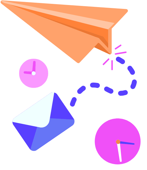 Ein Mail Symbol, ein Papierflieger Symbol und zwei Uhr-Symbole