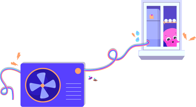 Oktopus Constantine schaut aus dem Fenster auf eine Wärmepumpe