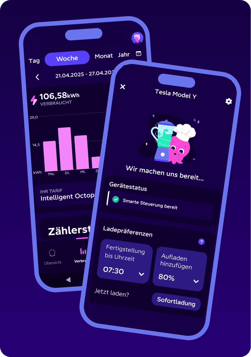 Intelligent Octopus App Demoscreen mit Verbrauchs- und Geräteansicht