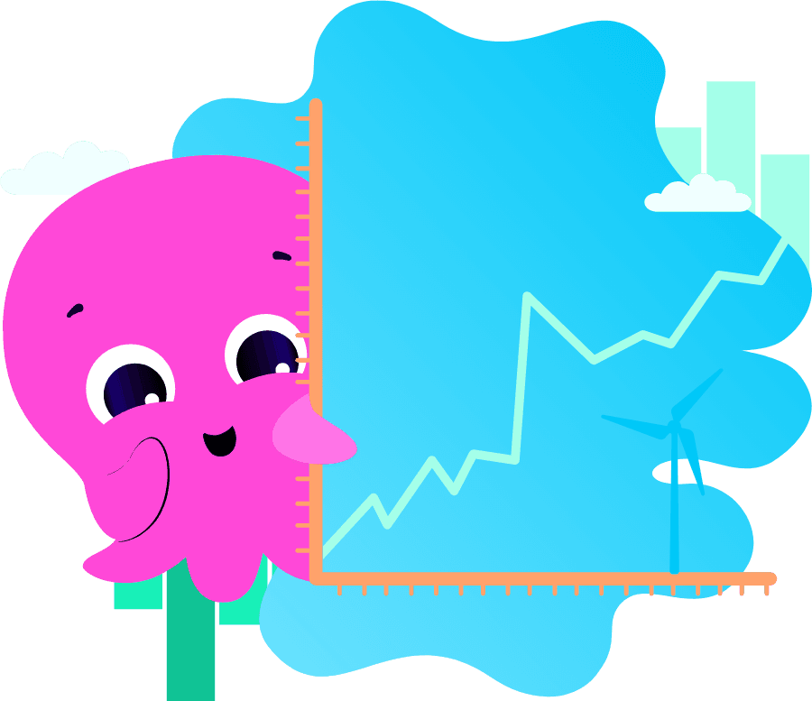 Octopus Constantine sitzt neben einem Graphen, der nach oben geht