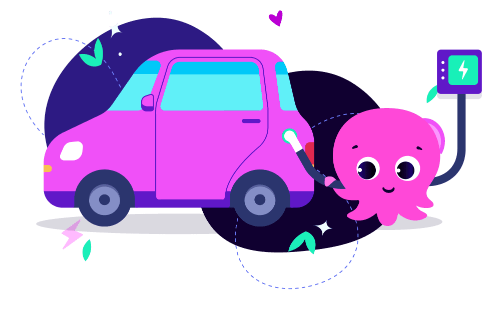 Ein pinker Oktopus lädt ein E-Auto